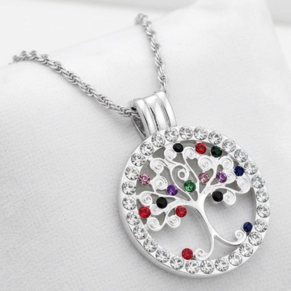 Womens Silver Tone Tree-of-Life Rhinestones Pendant‎ Necklace